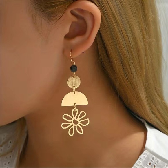Jewelry - Flower, Water Drop, Arch Geometric Pattern With Natural Stone Dangle Earrings